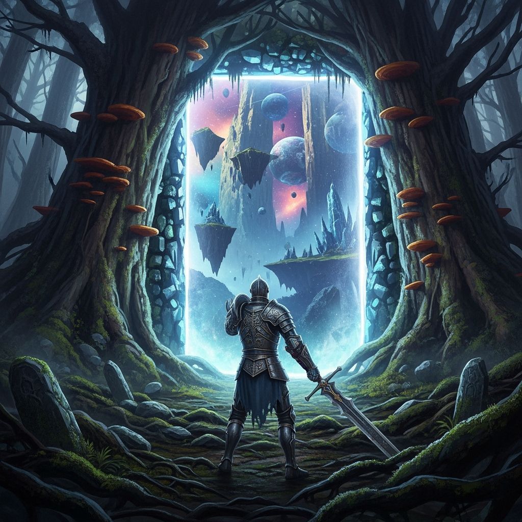 Knight Discovers Shimmering Portal in Primeval Forest