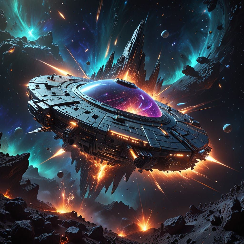 Surreal Cosmos in Iridescent Nebula with Spaceships