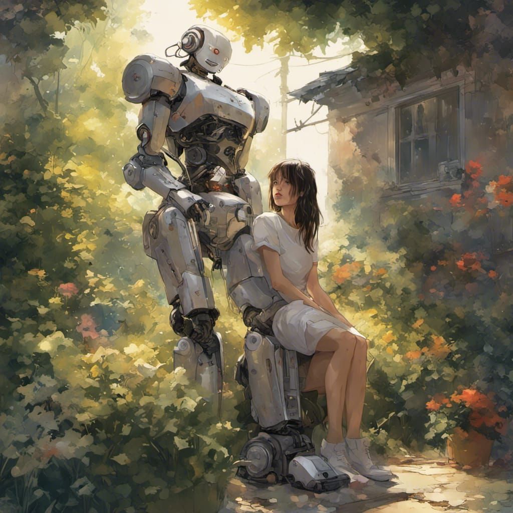 Girl and Robot in Garden, Precisionist Comic Style