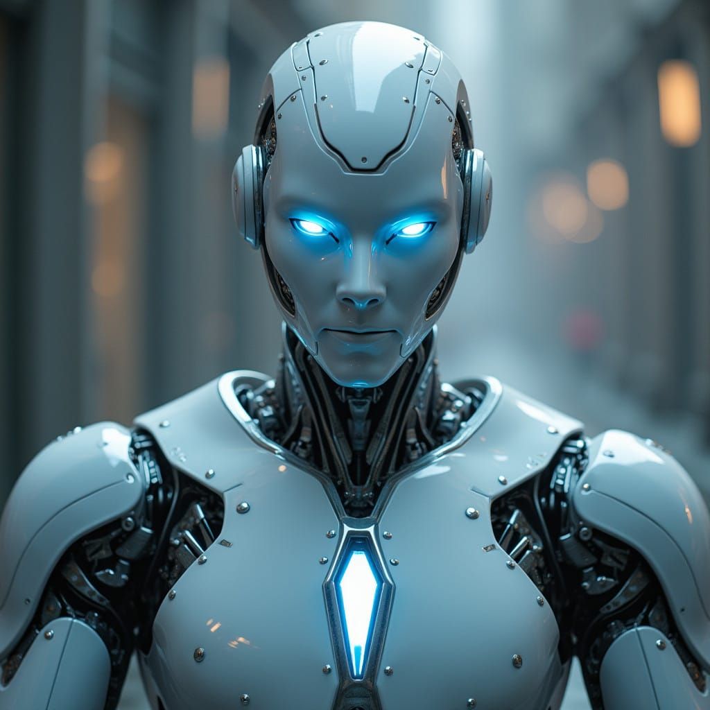 Glowing Blue-Eyed Mecha in Chic Silver Armor