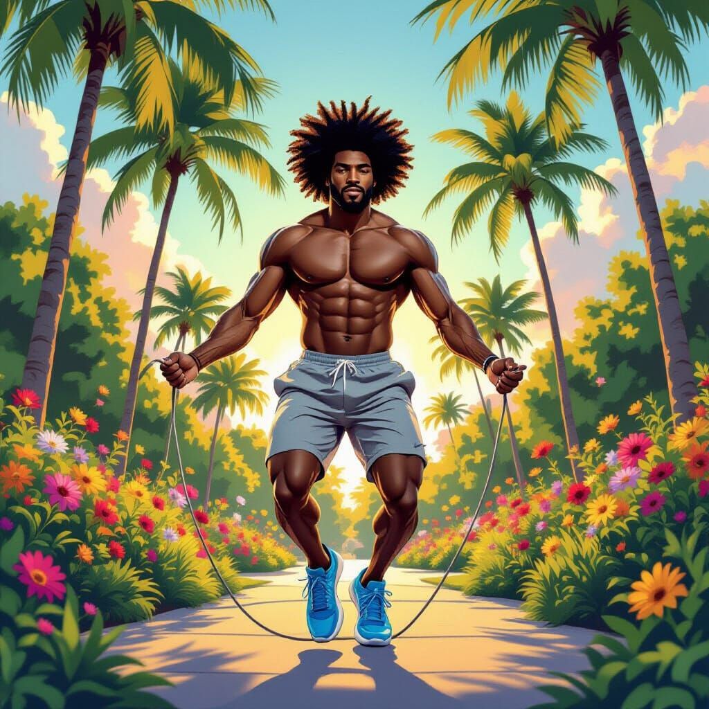 Fit Man Jumps Rope in Lush Park