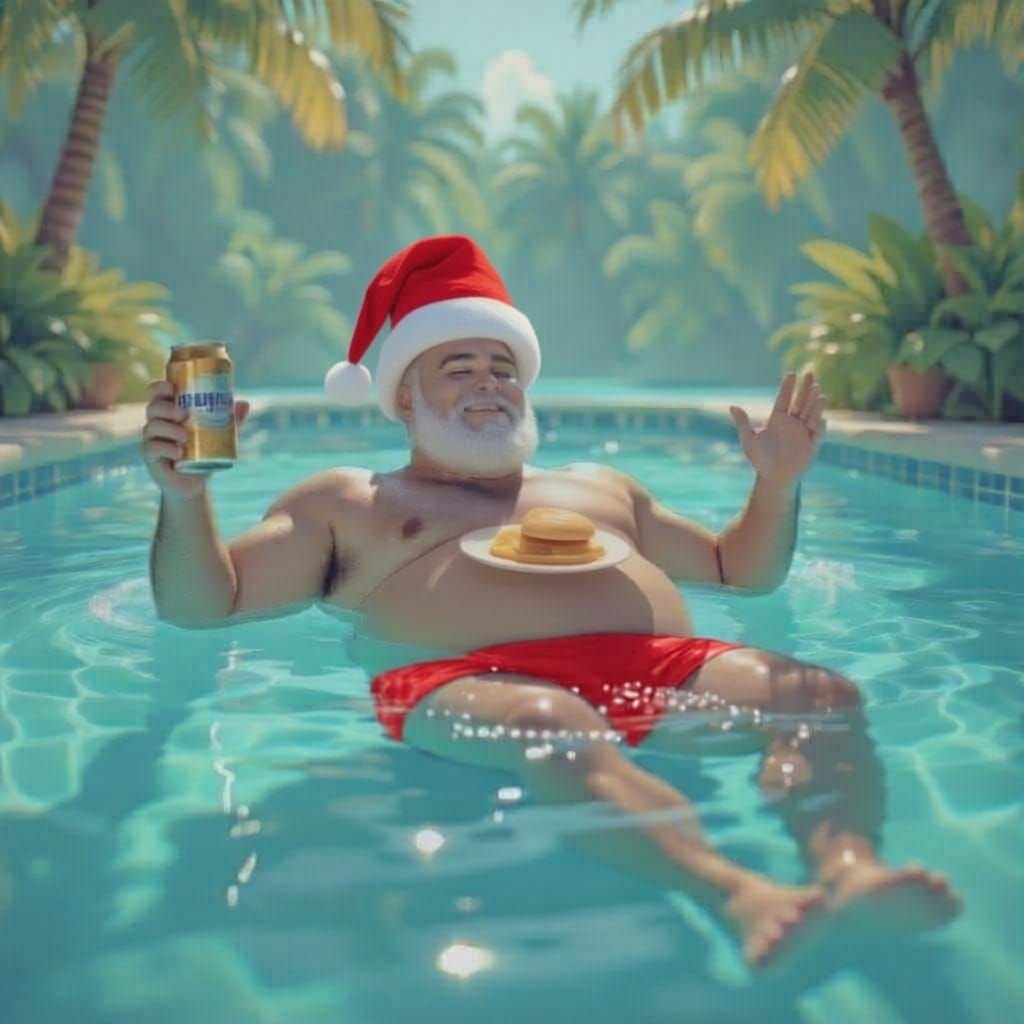 Man Floats Relaxed in Pool with Beer and Food