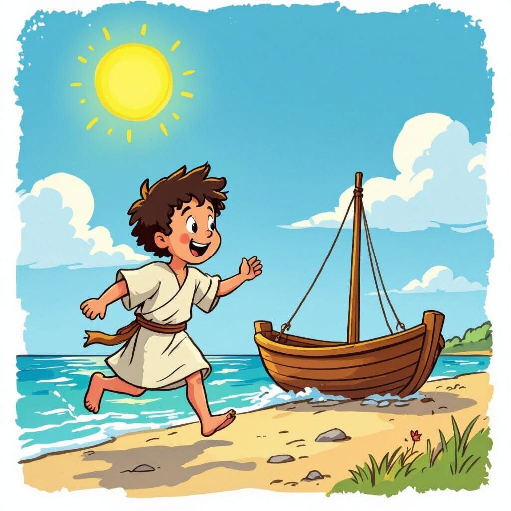 Cartoon Jonah Runs to Boat in Sunny Children's Bible Style