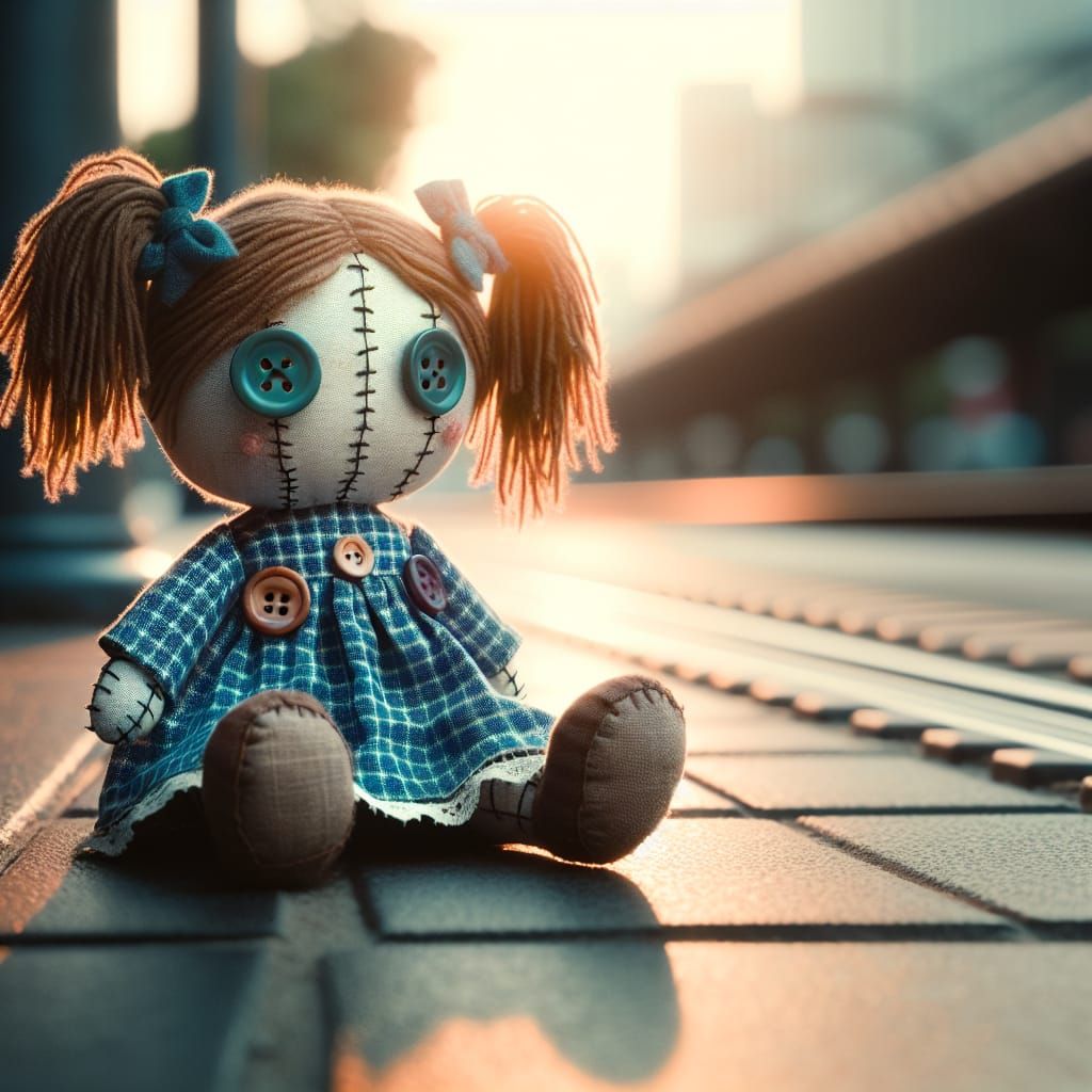 Cinematic Whimsy: A Scary Cute Doll on a Moody Sidewalk