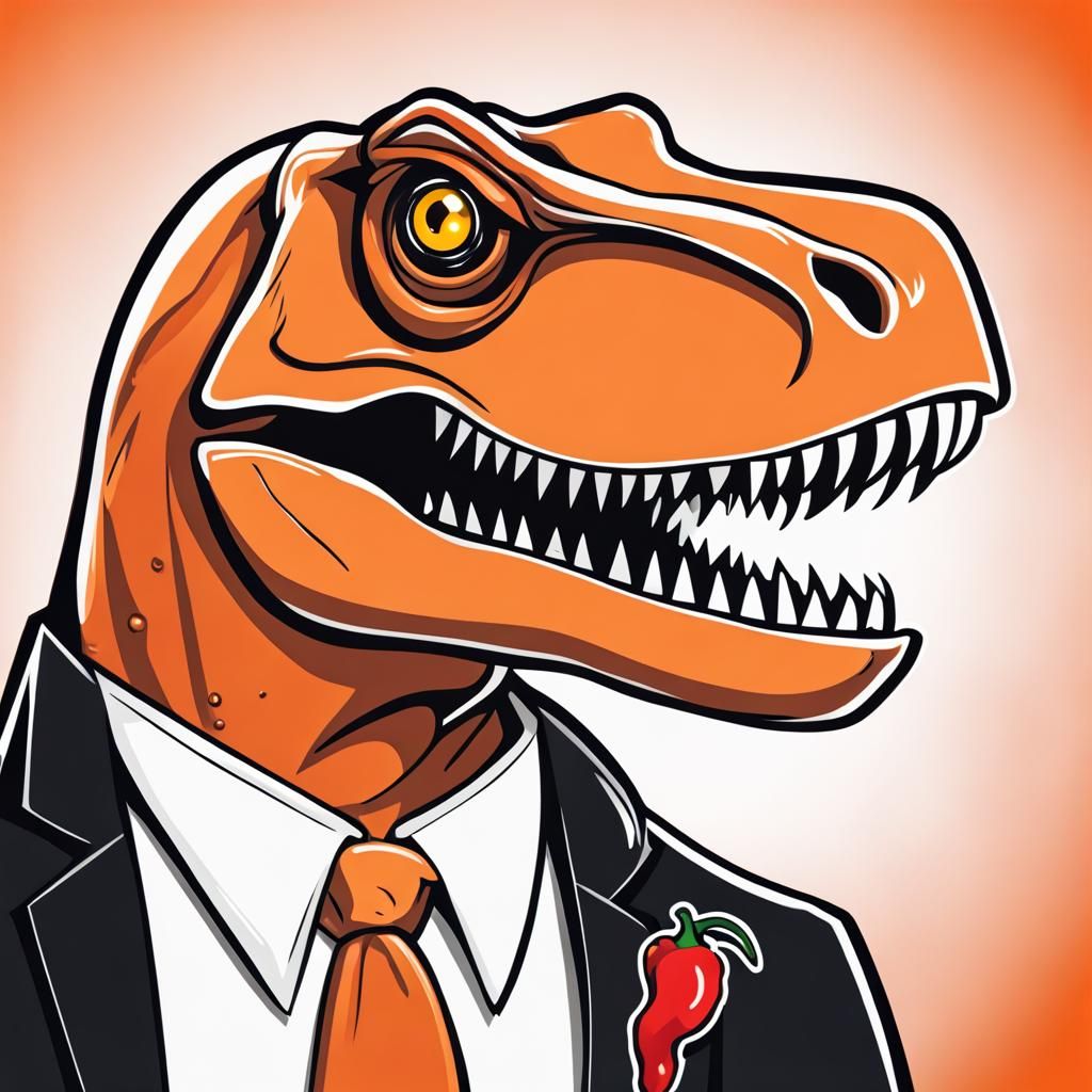 Cheerful Trex Headshot in Tuxedo with Abstract Background