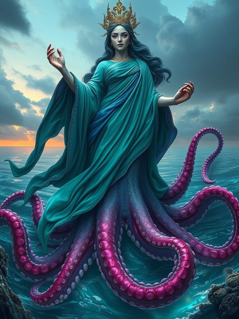 Majestic Plus-Size Sea Goddess with Octopus Tentacles