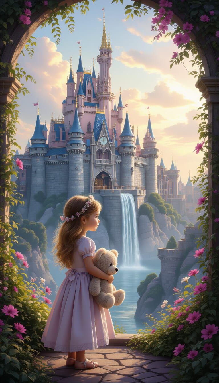 Little Girl in Enchanted Castle with Flowing Lavender Hair