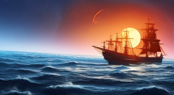 Three-Masted Ship Silhouetted by Blood Moon