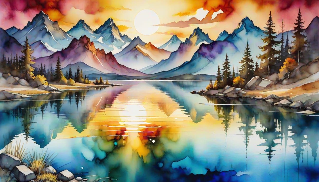Alcohol Ink Mountain Lake Sunrise with Sun Glare