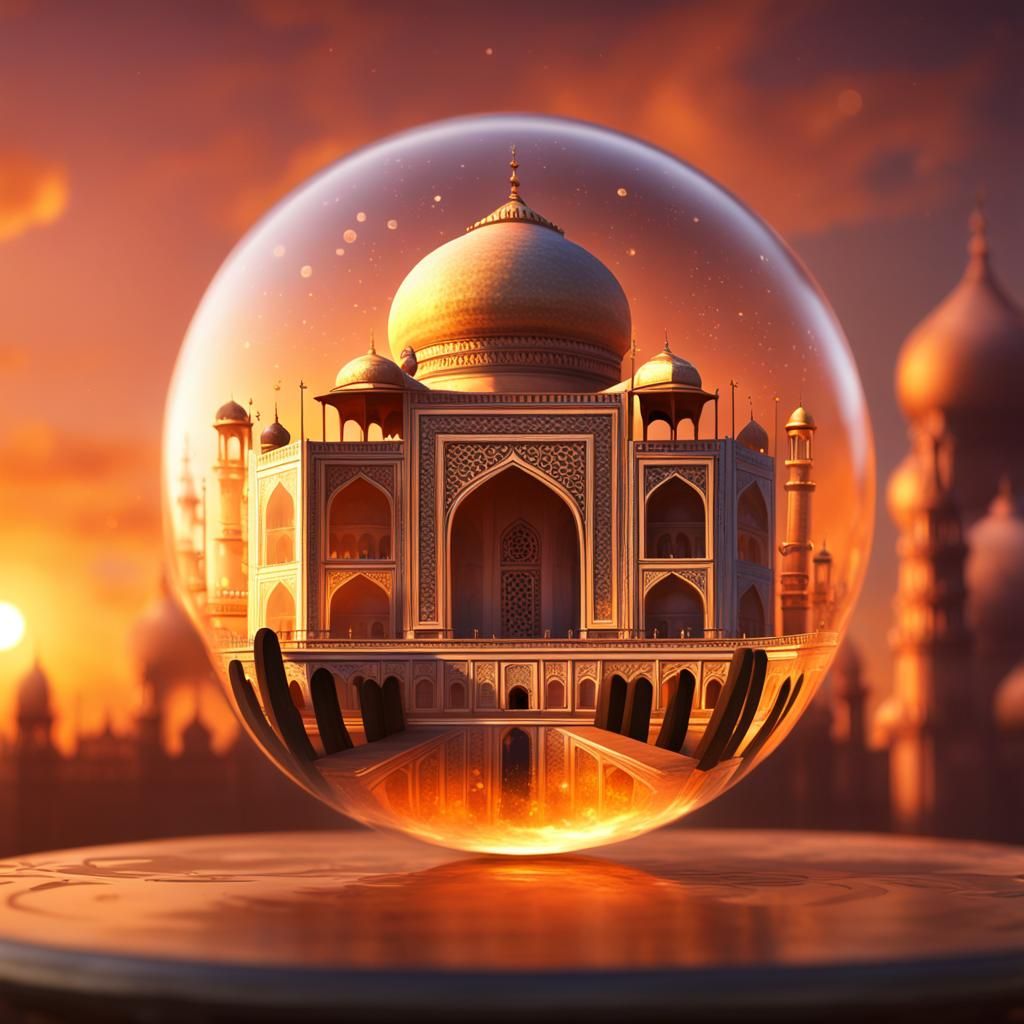 Taj Mahal in Glass Sphere at Sunset