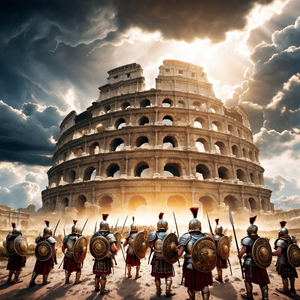 Roman Soldiers Under Ethereal Celestial Structure