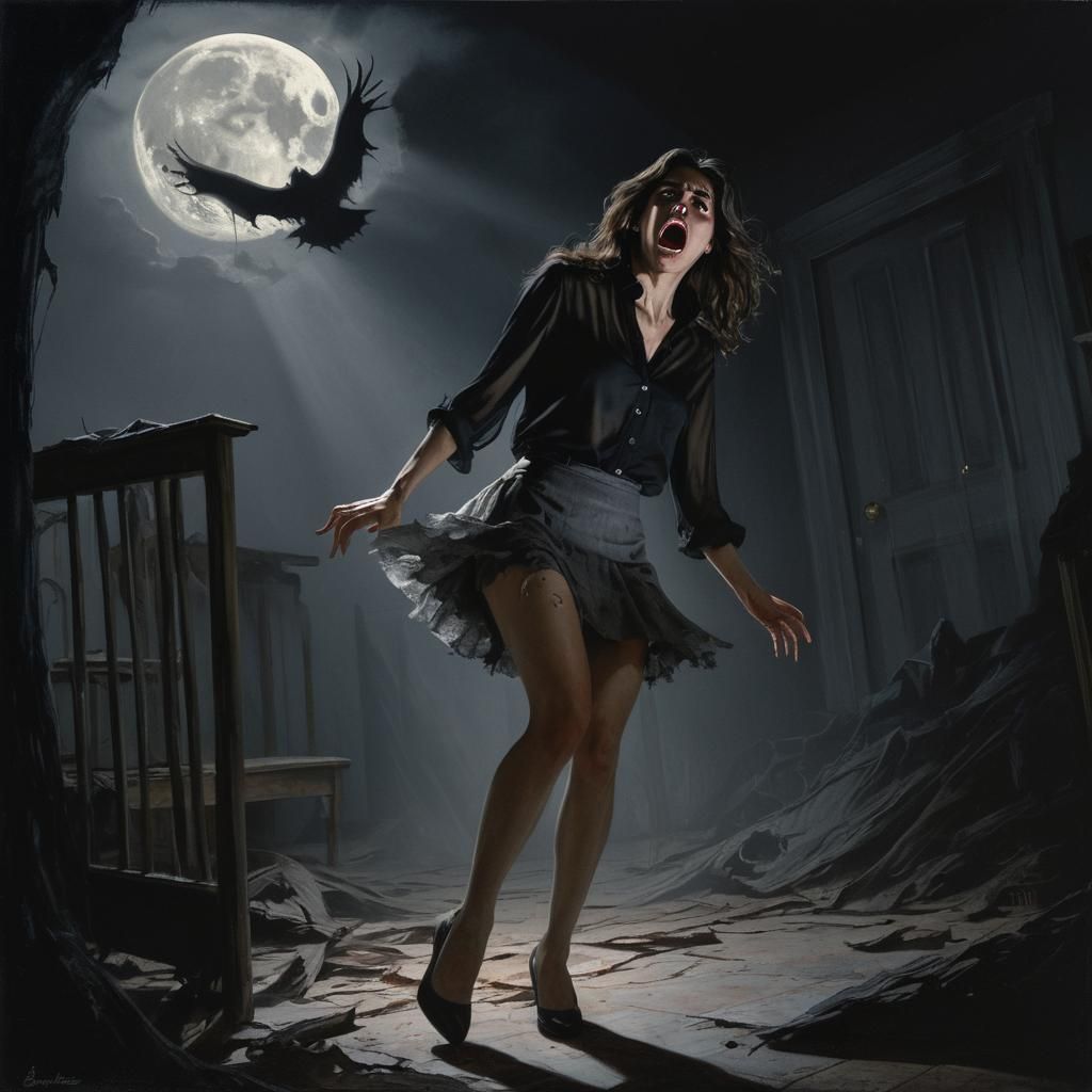 Frightened Woman Hiding from Shadow, Horror Art