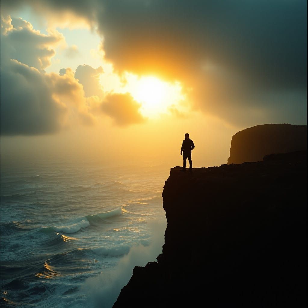 Heroic Figure Amidst Turbulent Skies