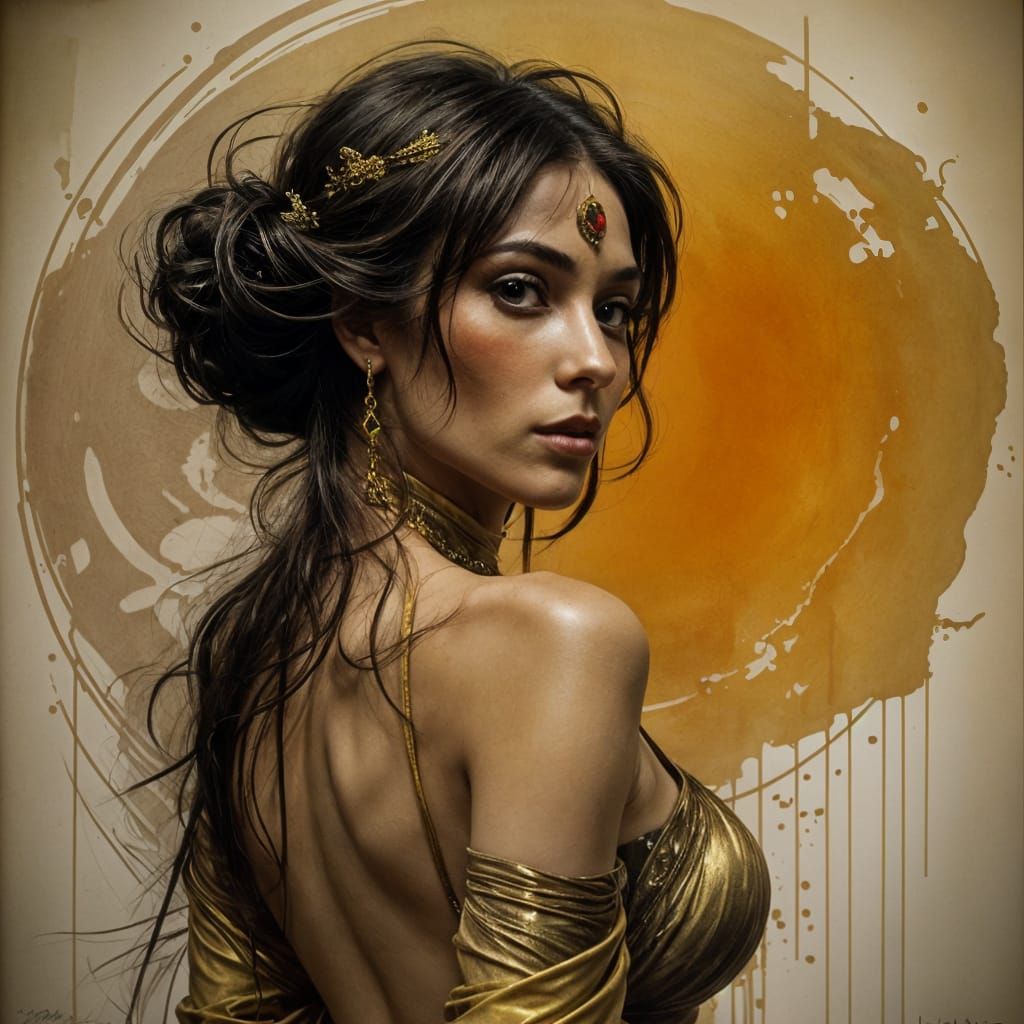 Brunette in Flowing Dress: Ink Art in Gold
