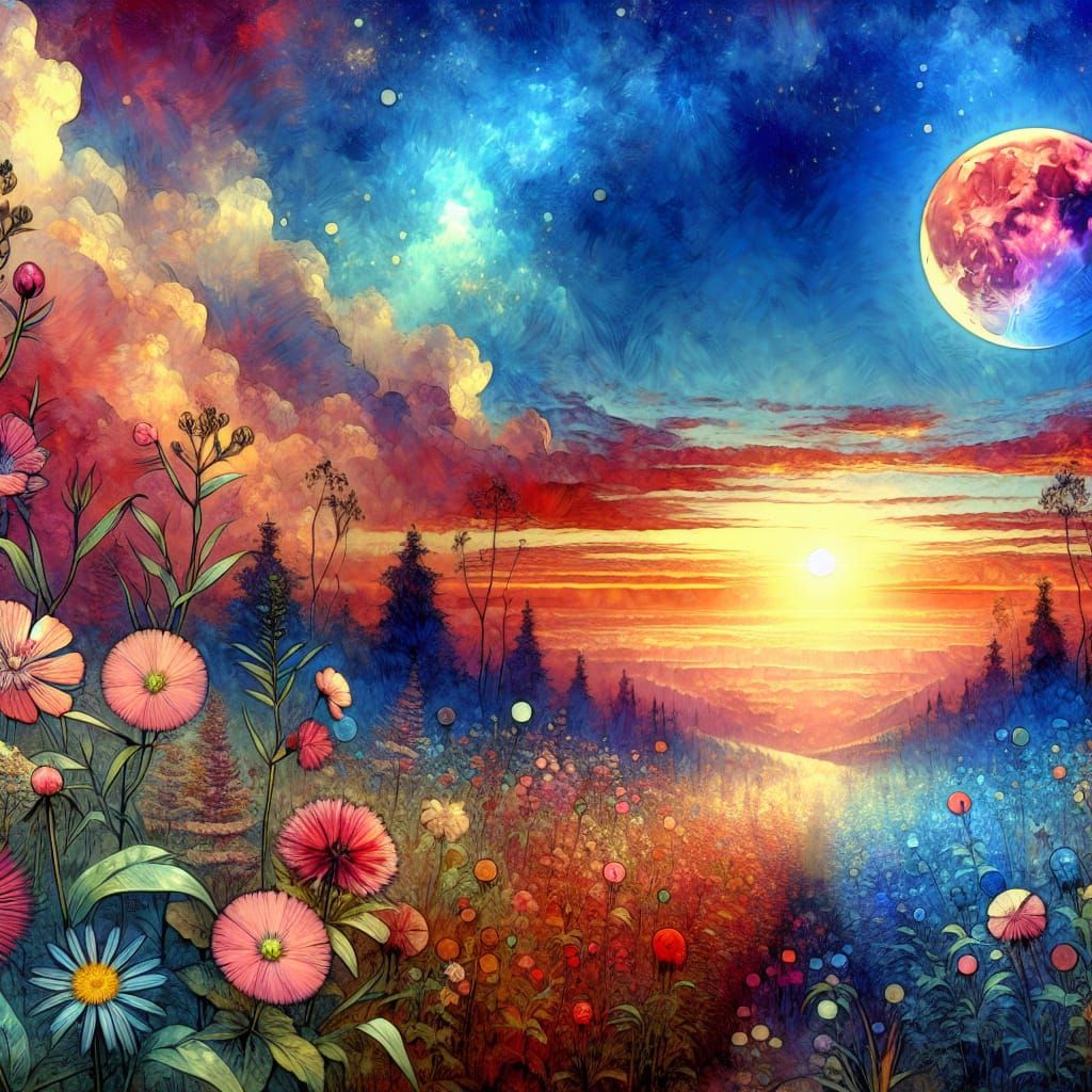 Blood Moon Sunset in Pastel Watercolor