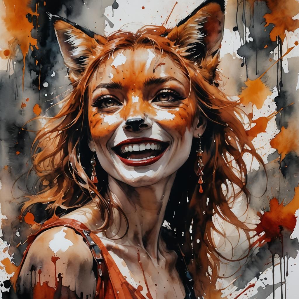 Laughing Fox Portrait in Watercolor Style