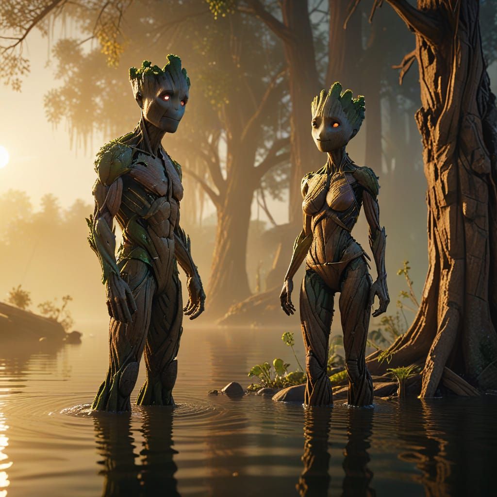 Groot Couple at Lake's Edge in Golden Light