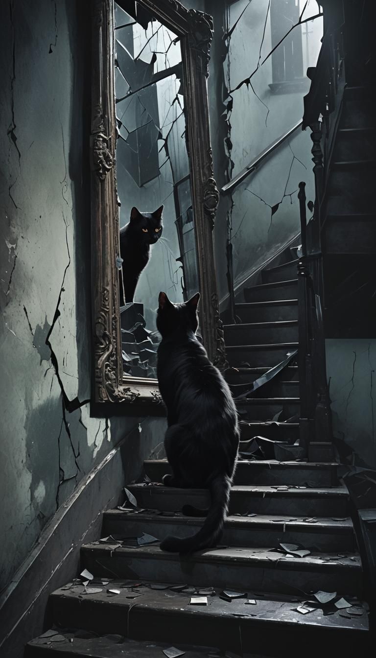 Black cat in the mirror reflection