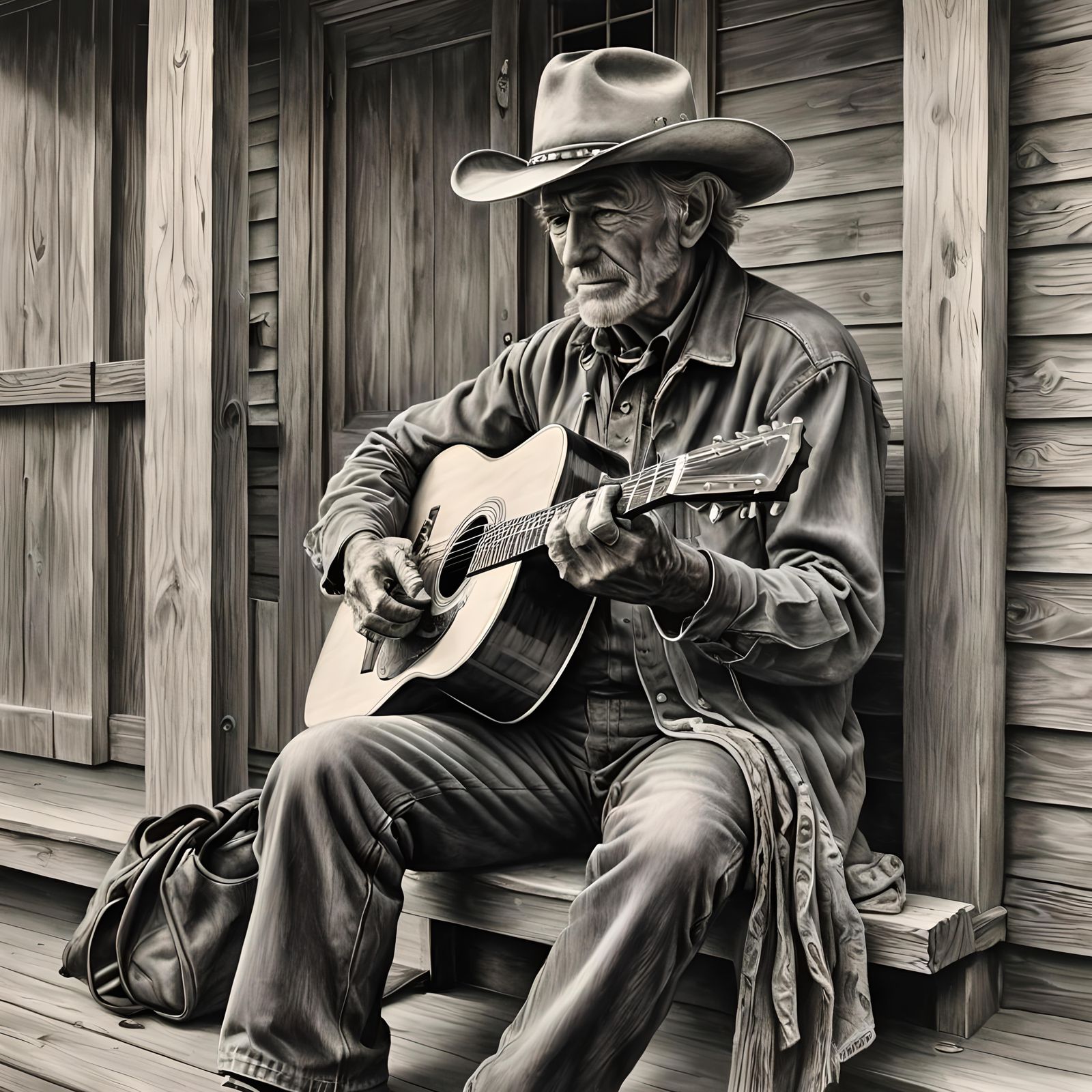 Old Cowboy Plays Guitar: Hyperdetailed Charcoal Drawing