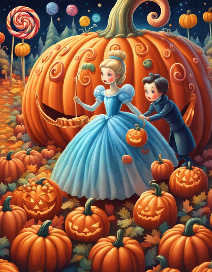 Cinderella and Child in Pumpkin, Candy Art Illustration