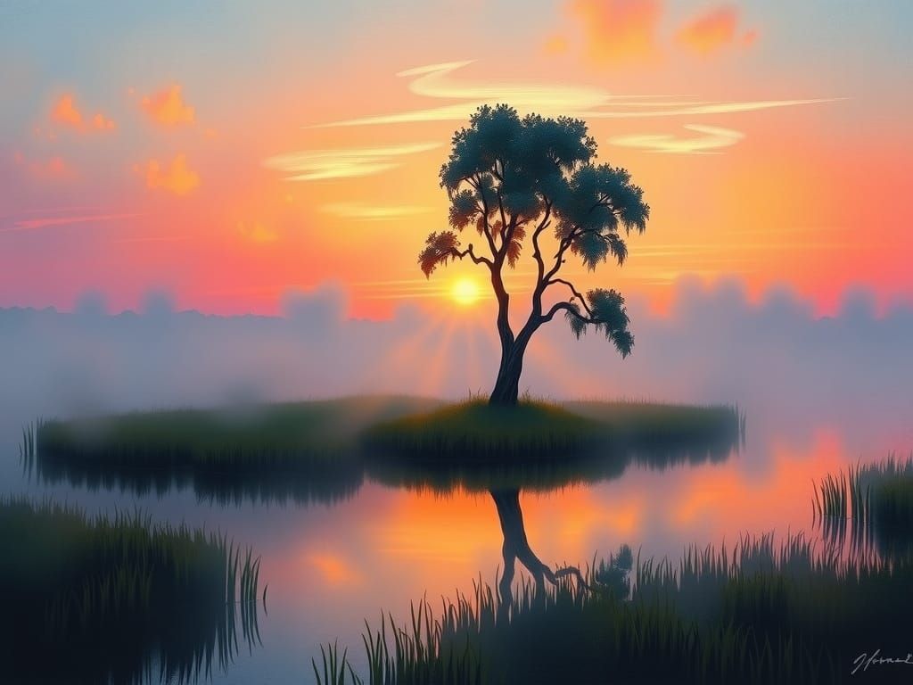 Mystical Mississippi Dusk Landscape in Whimsical Folk-Art St...