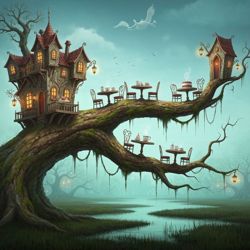 Surreal Cafe on Gnarled Branch in Mystical Marsh