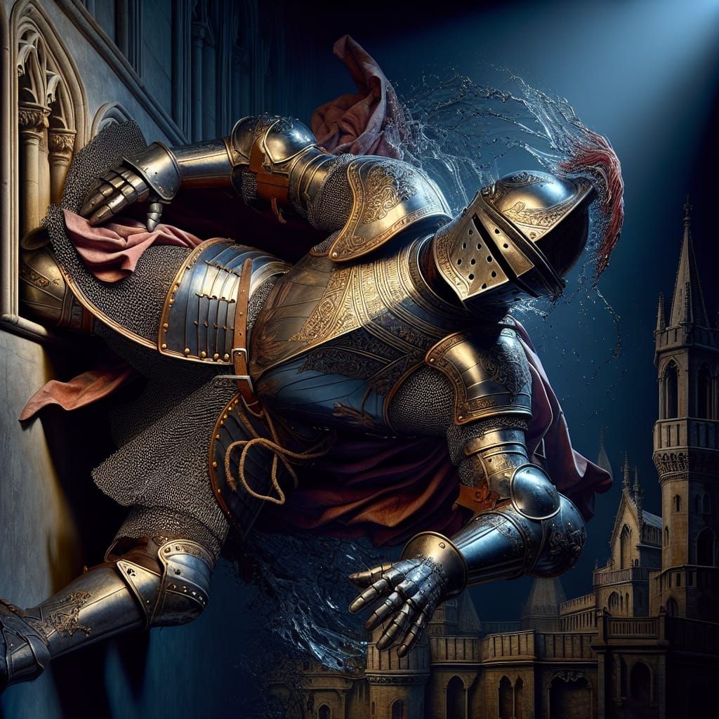 Knight's Dramatic Fall in Medieval Setting