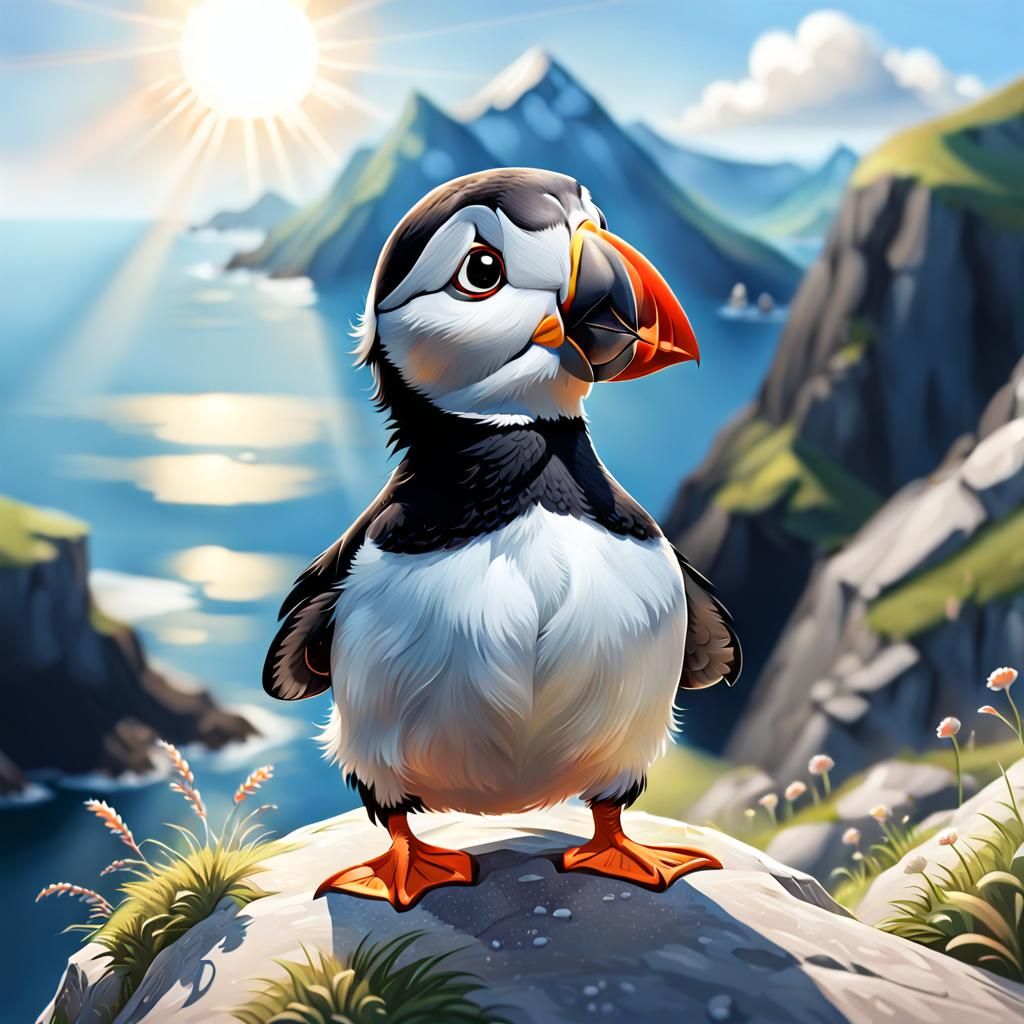 Cute Chibi Puffin Enjoying Mountain Top Sun