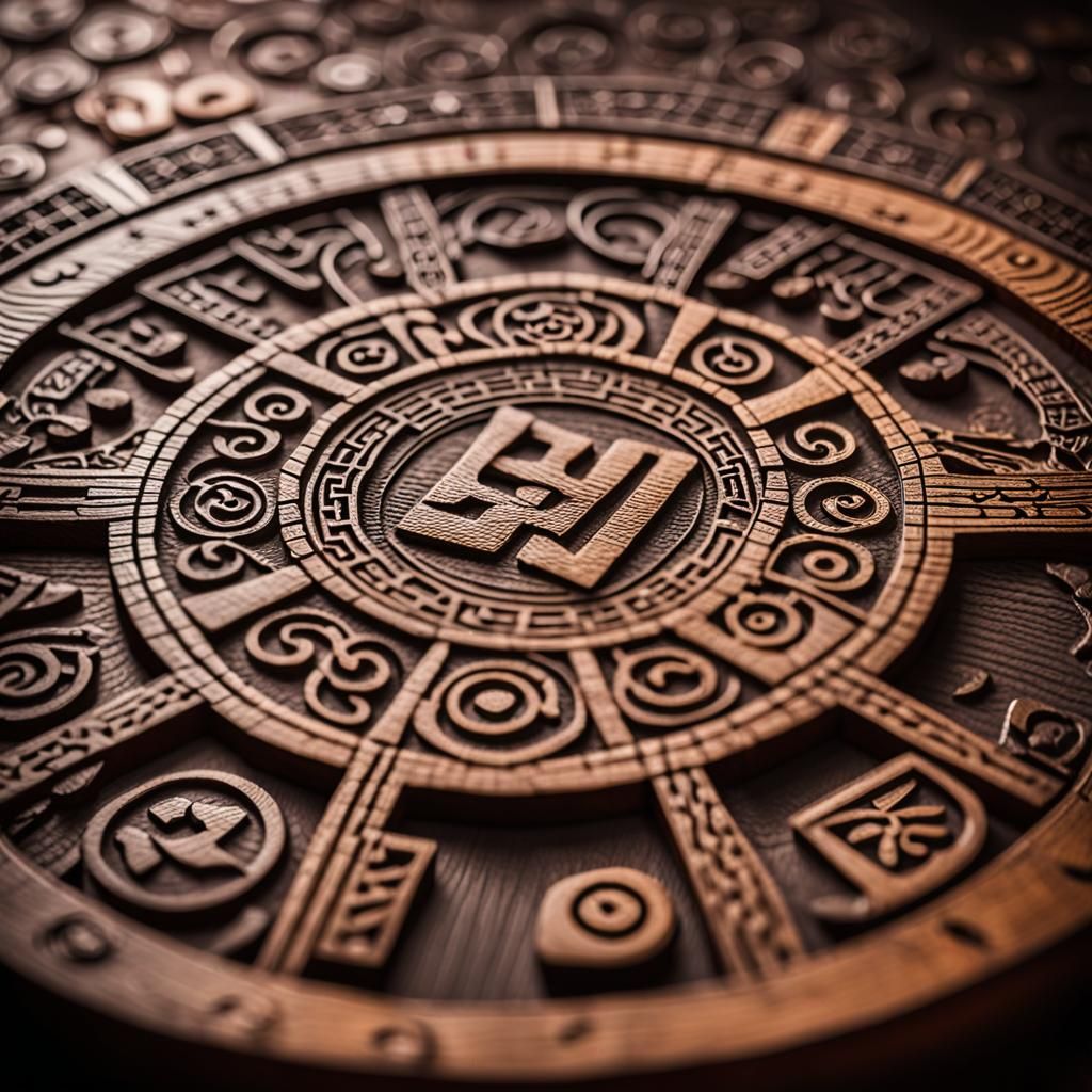 Intricate Runes Carved into Wooden Tabletop