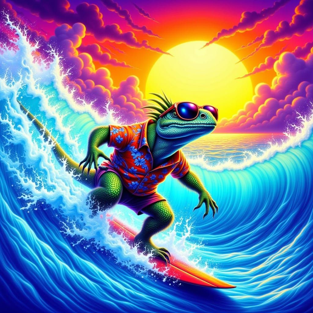 Iguana Dude Surfing Epic Blue Wave at Sunset