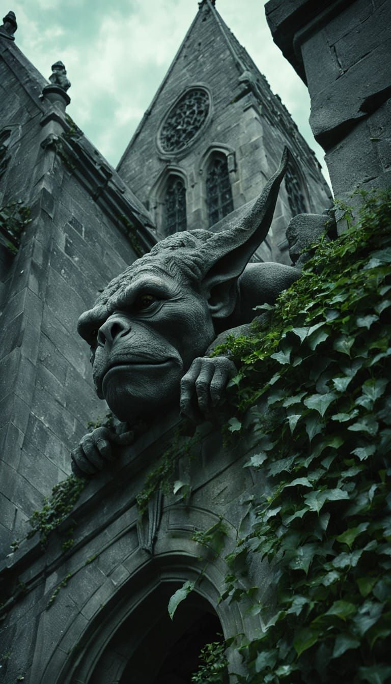 Gothic Stone Gargoyle Reads Ancient Tome in Majestic Church....