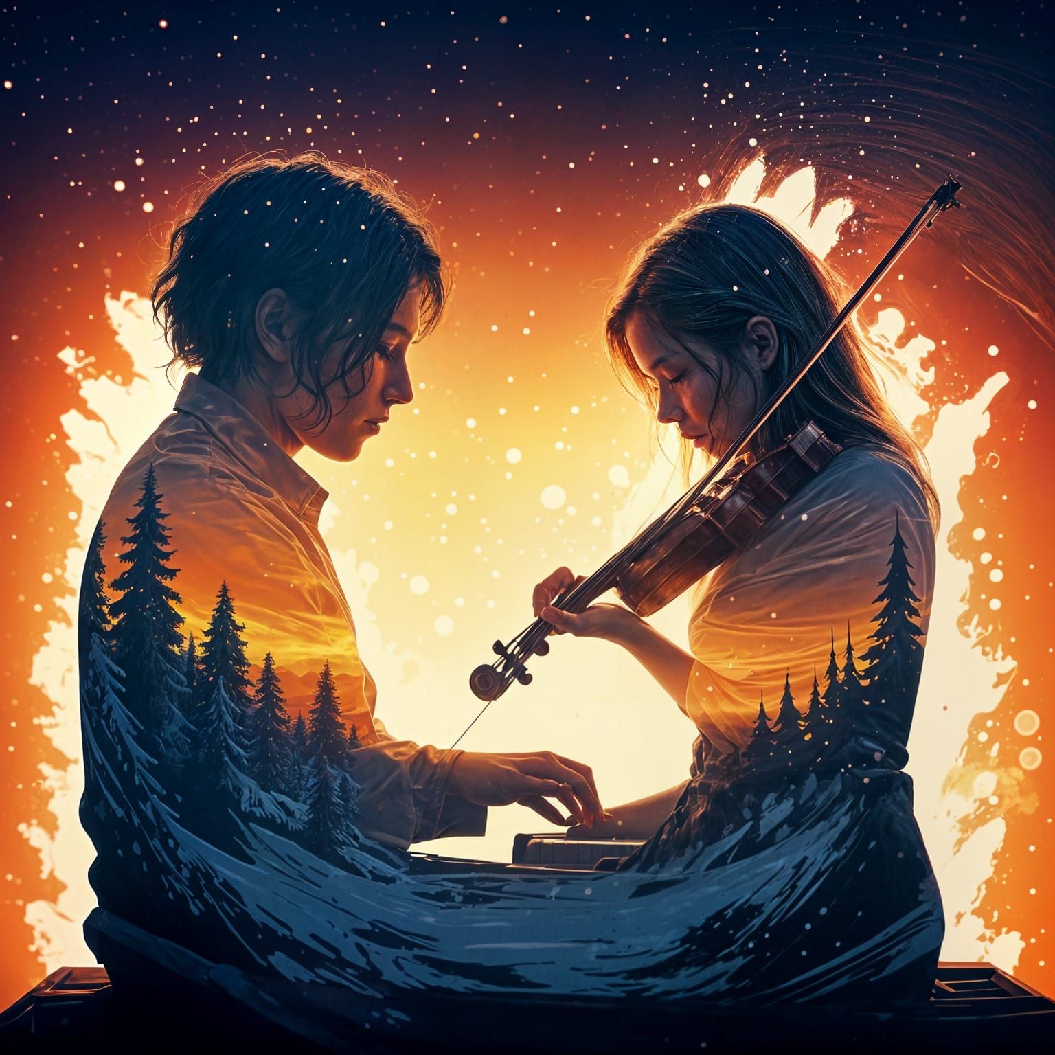 Musician Silhouettes with Seasonal Double Exposure