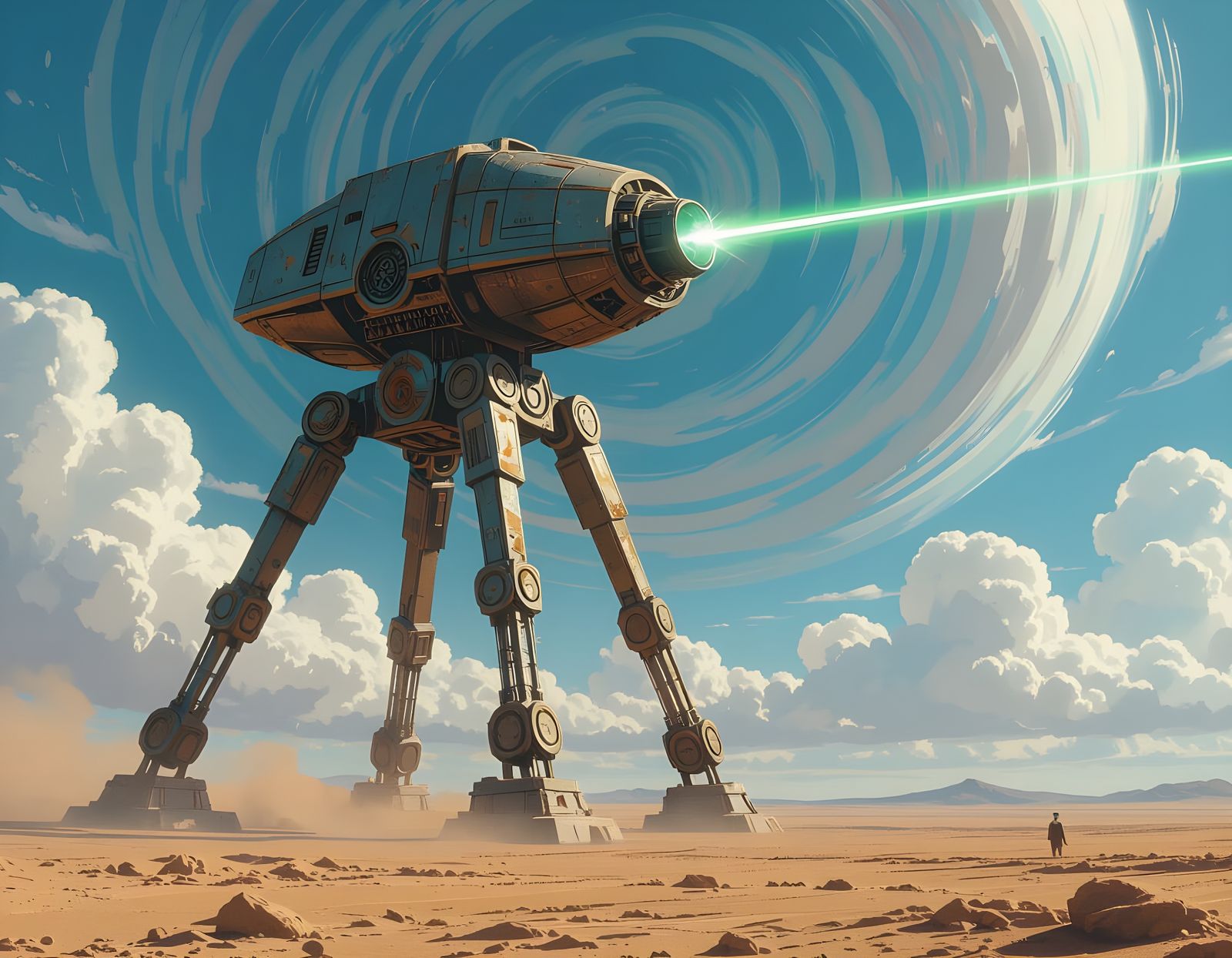 Surreal Tripod Fires Laser in Desolate Landscape