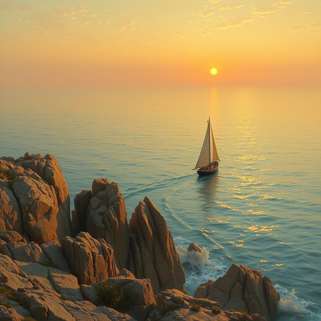 Boat Sailing at Sunset in Dreamy Impressionist Style