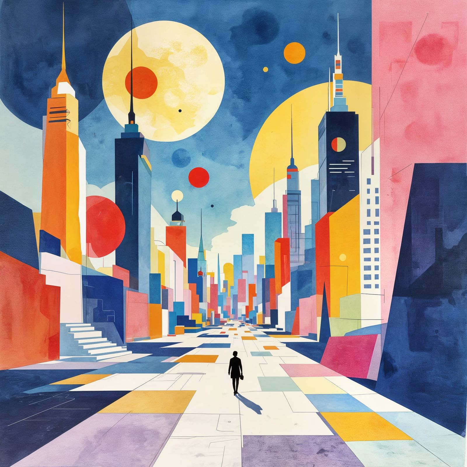 1960s Atomic Age Cityscape Abstract Watercolor