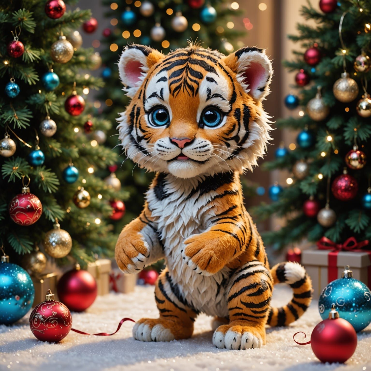 Cartoon super cute fluffy little happy tiger cub cute chibi with blue eyes stood up on his hind legs to get a red Christ...