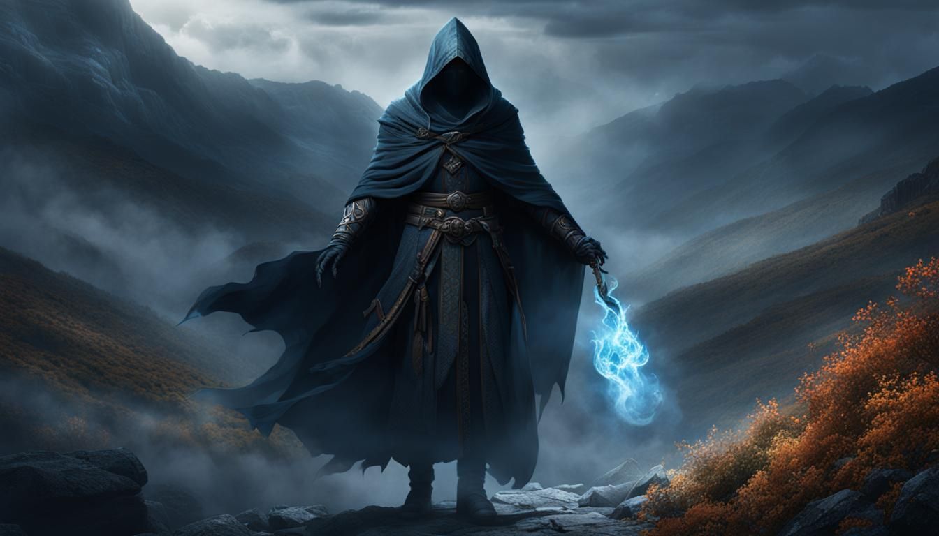 Ethereal Shadow Mage on a Misty Mountain Top