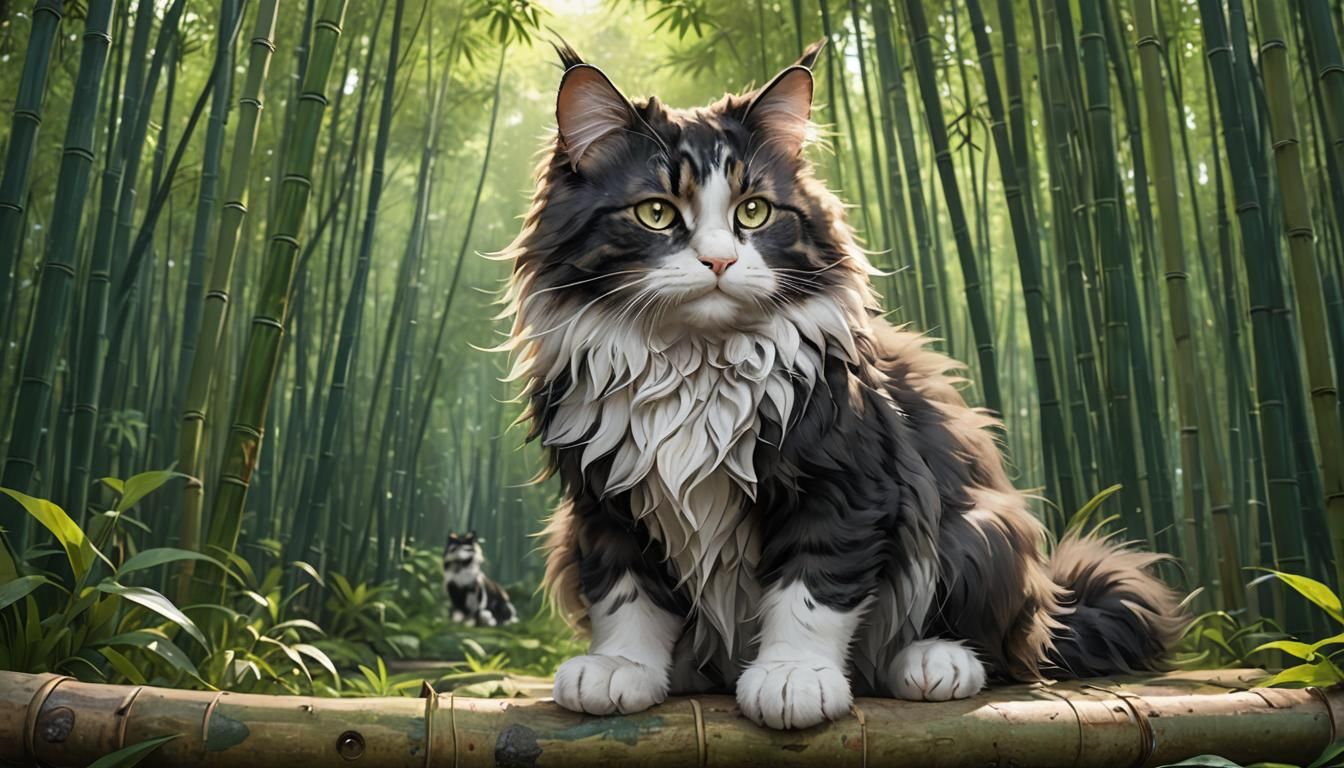 Norwegian Forest Cat in Bamboo Forest, Anime Art