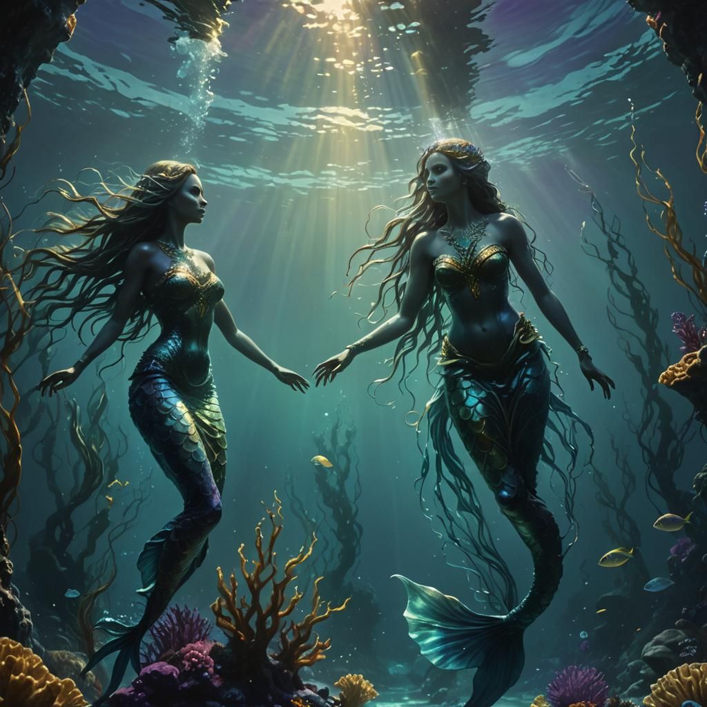 Mystical Meeting of Two Mermaids in Evans-like Realism