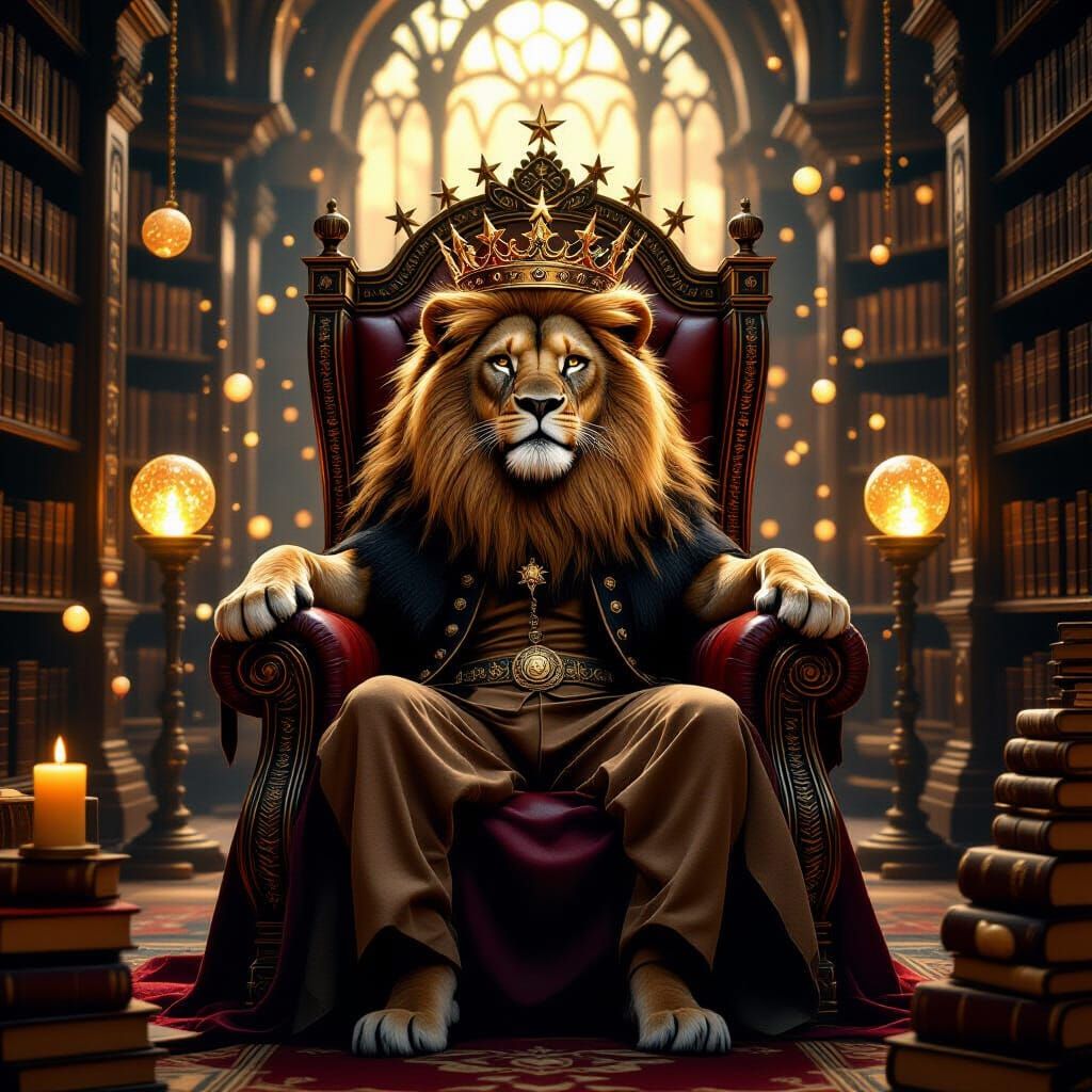 Lion King in Steampunk Library with Star Crown