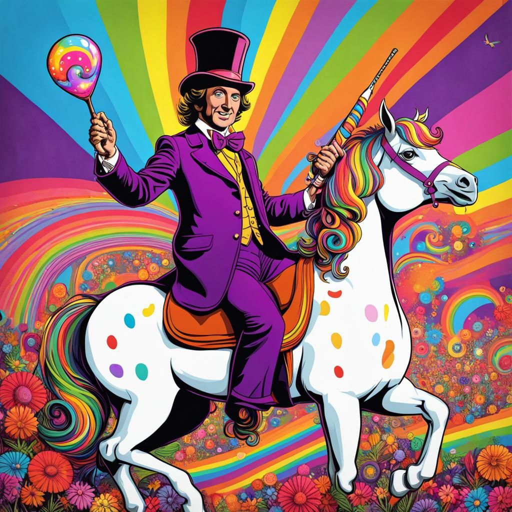 Psychedelic Willy Wonka on a Unicorn