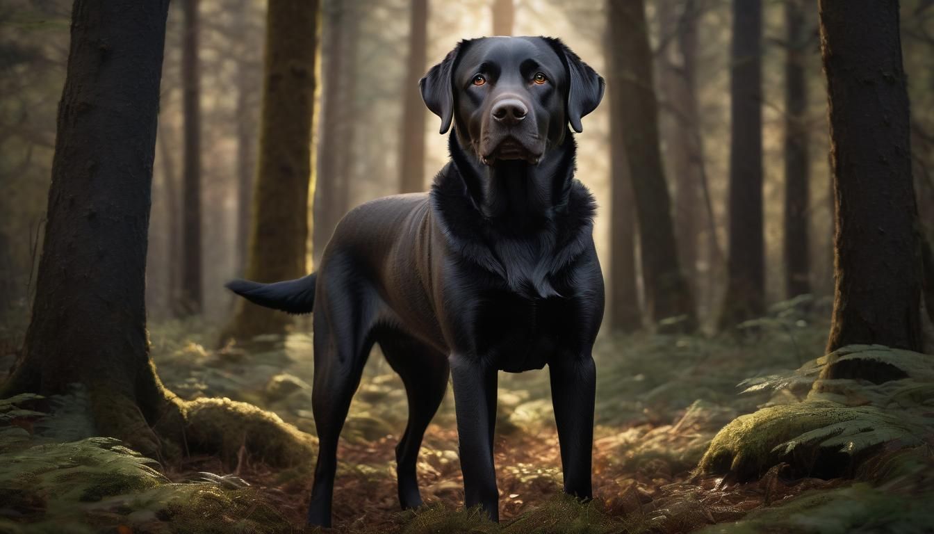 Hyperrealistic Black Labrador Retriever in Enchanting Forest