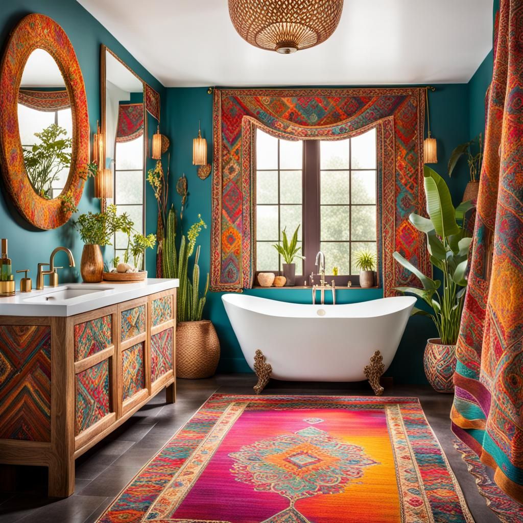 A lavishly colorful vibrant bohemian bathroom