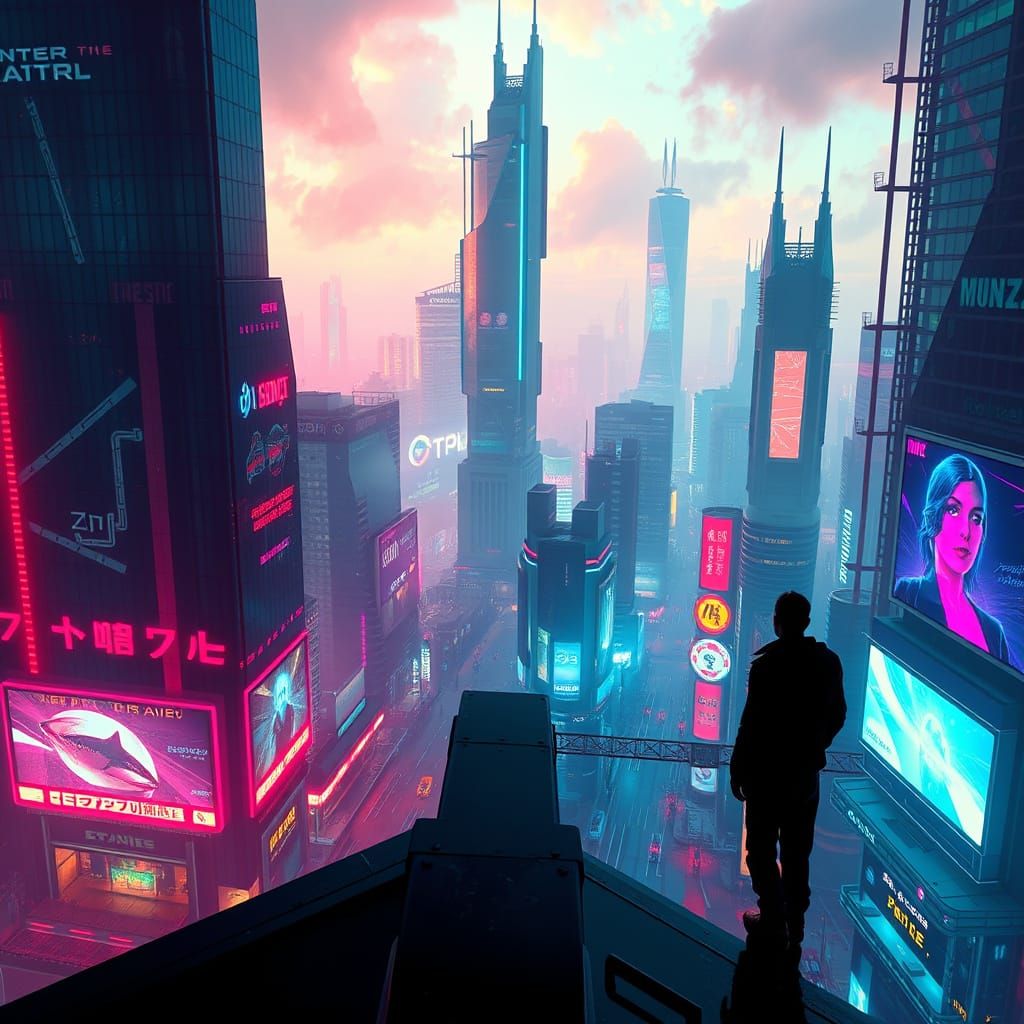 Neon Cityscape with Lone Figure in Futuristic Landscape