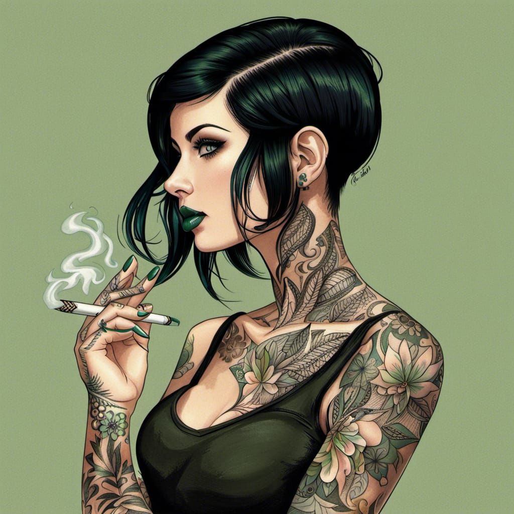 Tattooed Woman with Green Eyes Smoking Portrait
