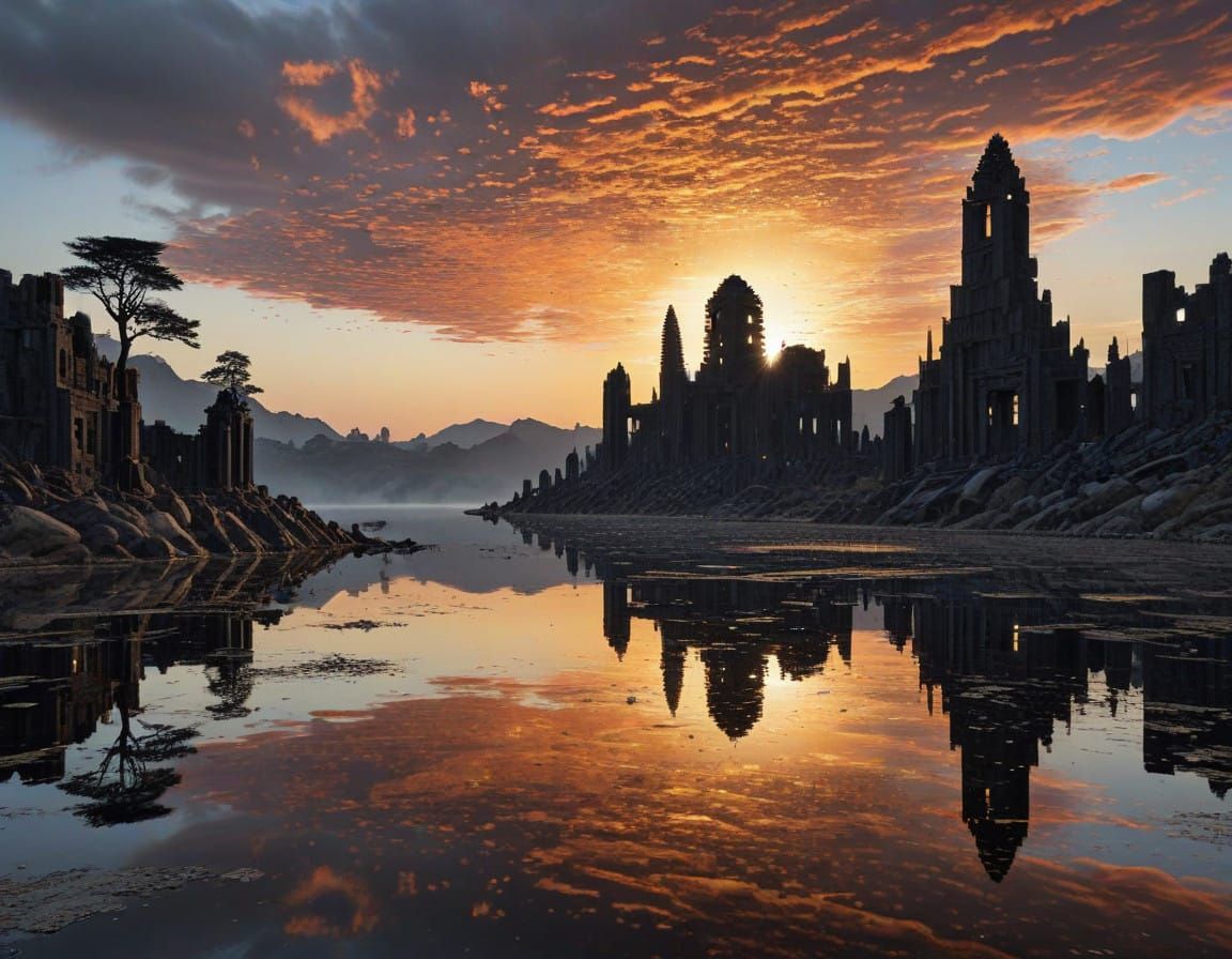 Mysterious Ruined City Reflected in Gentle Sunset Lake