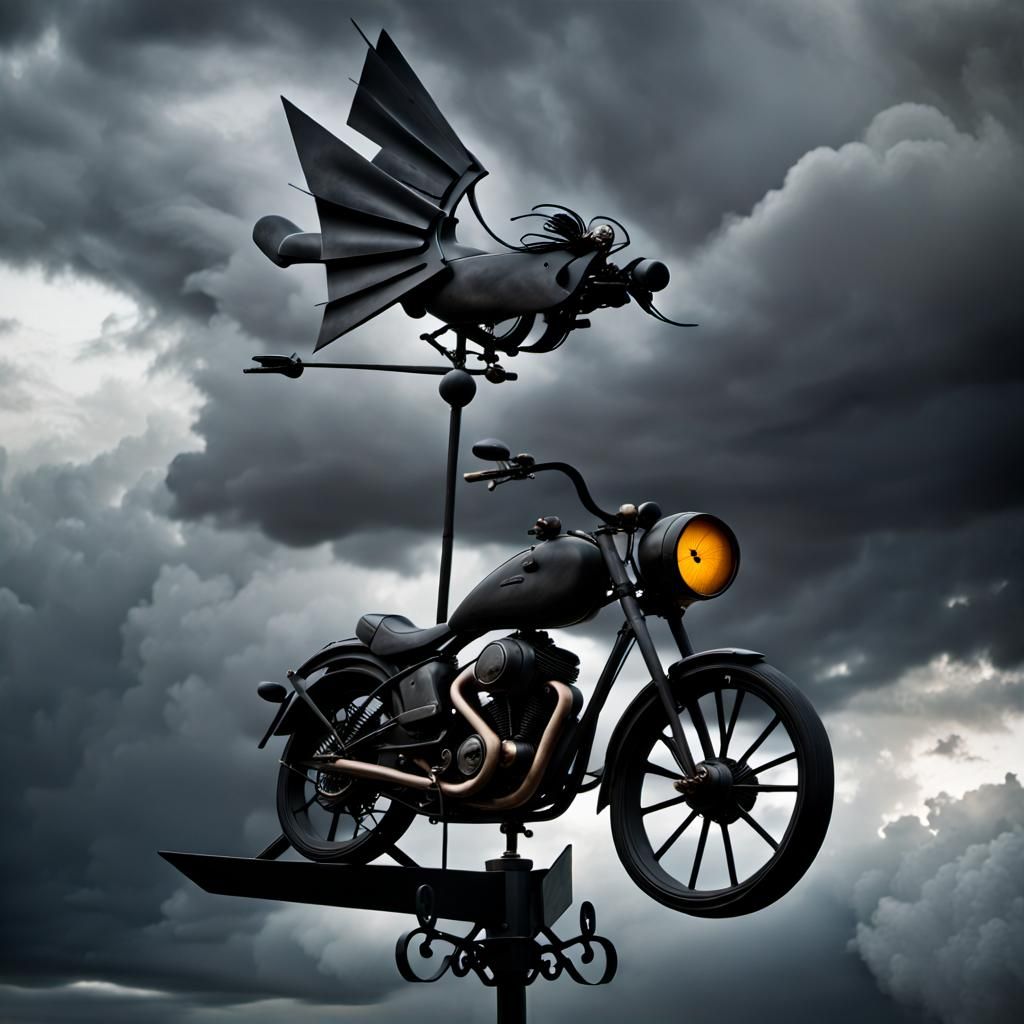 A weather vane shaped like a motorcycle, spinning wildly in ...