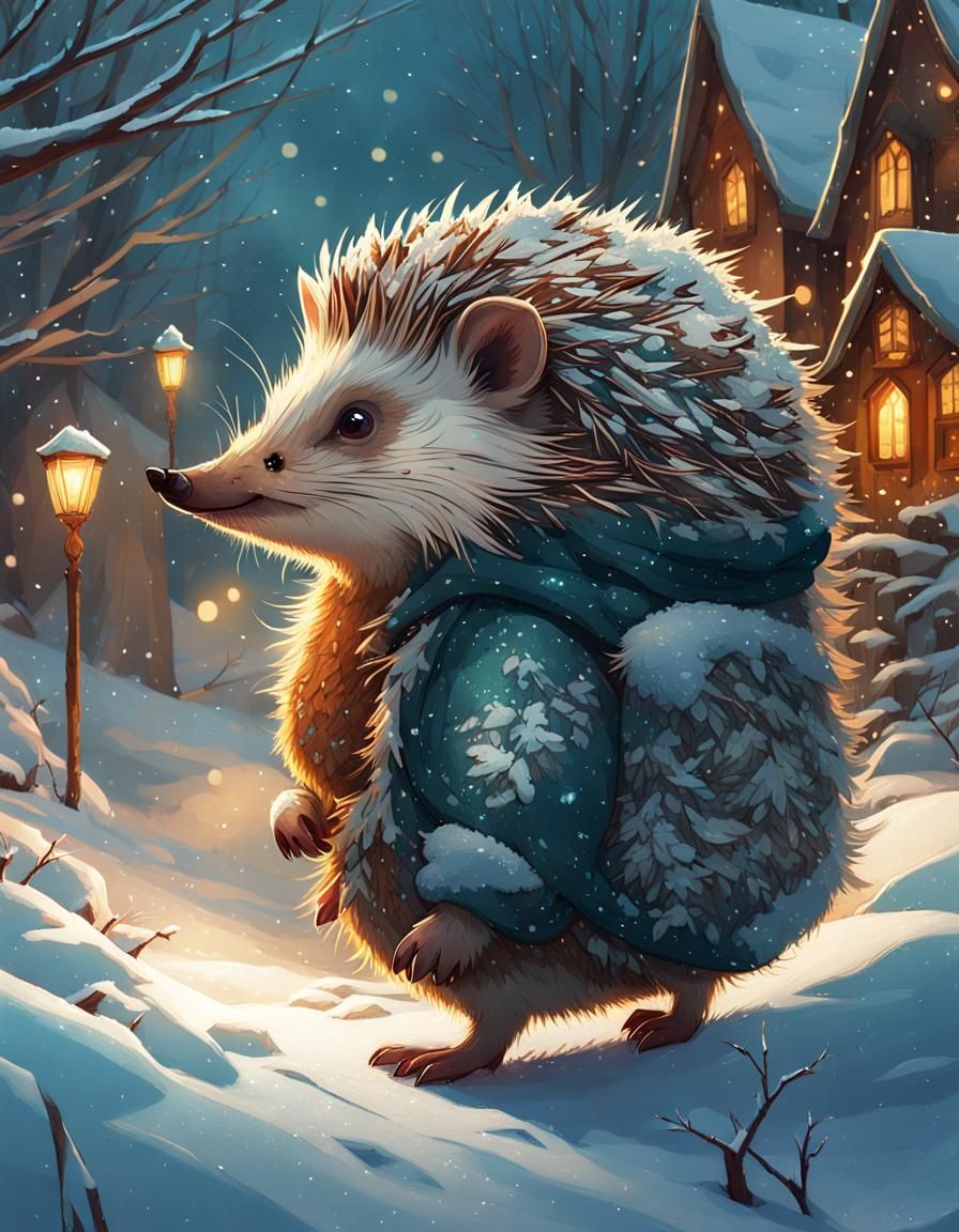 Hedgehog with Beanie in Winter Scene