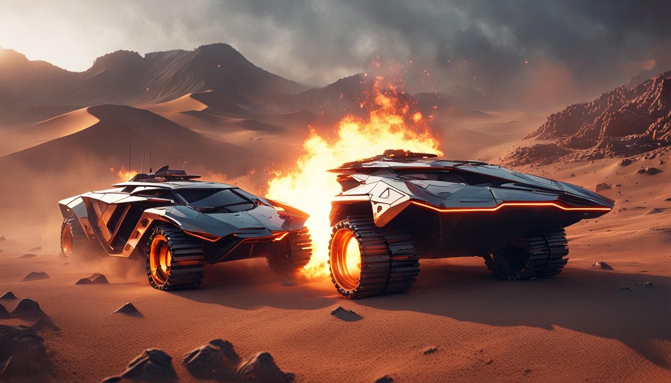 Futuristic Lamborghini Tank Racing Through Desert Flames