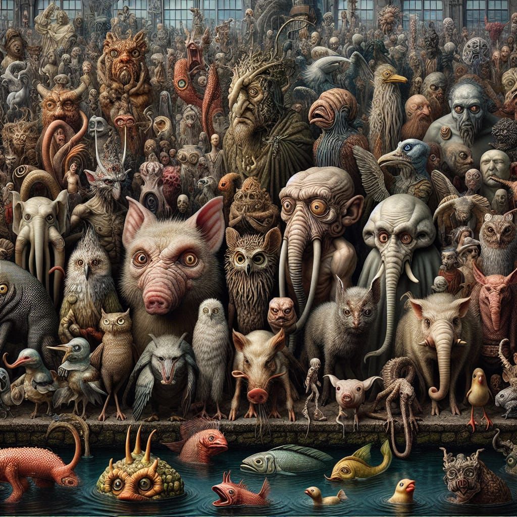 Hieronymus Bosch vibe , close up crowd of 60 creatures
